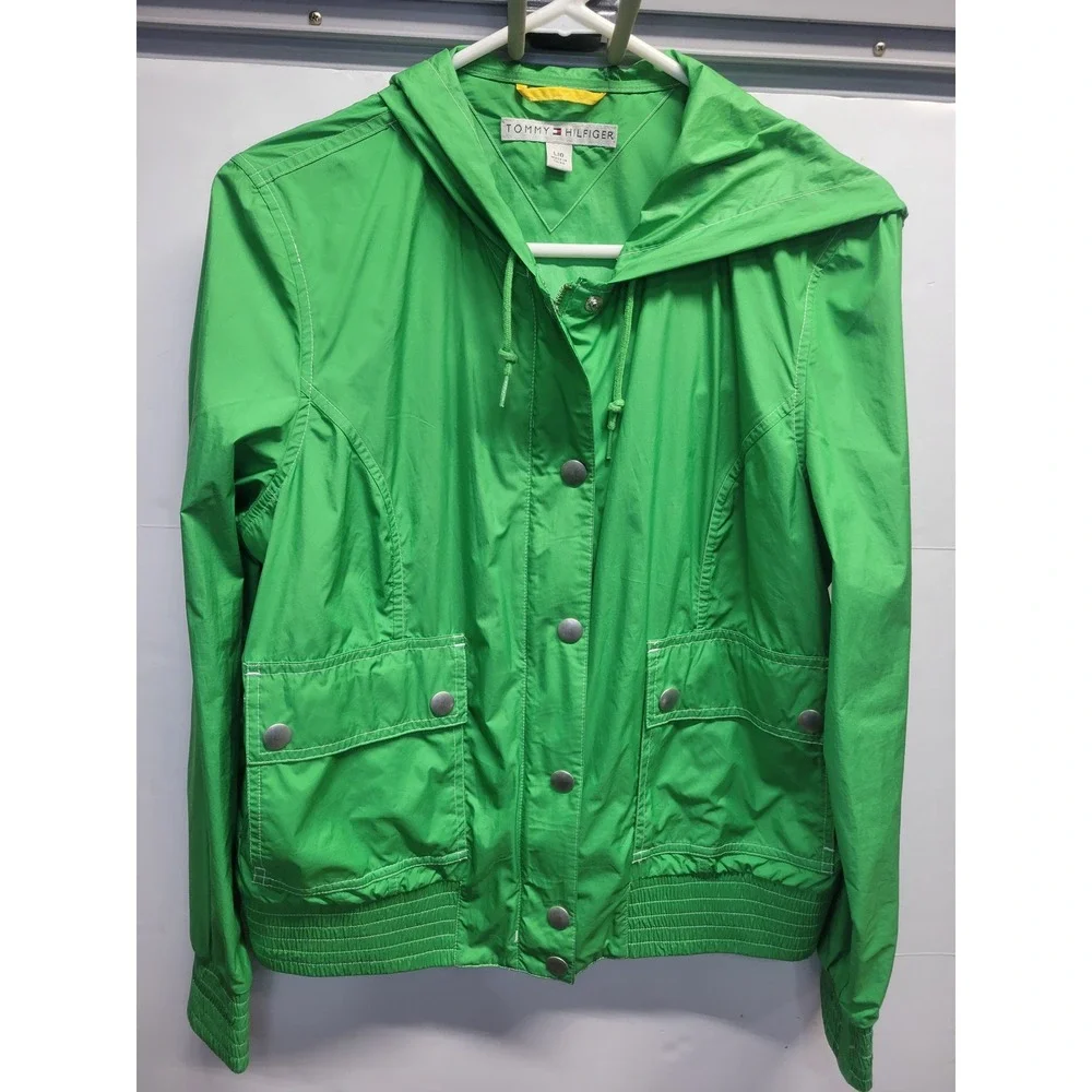 Vtg‎ Tommy Hilfiger Green Hooded Windbreaker Jacket Size L Full Zip Snap Front